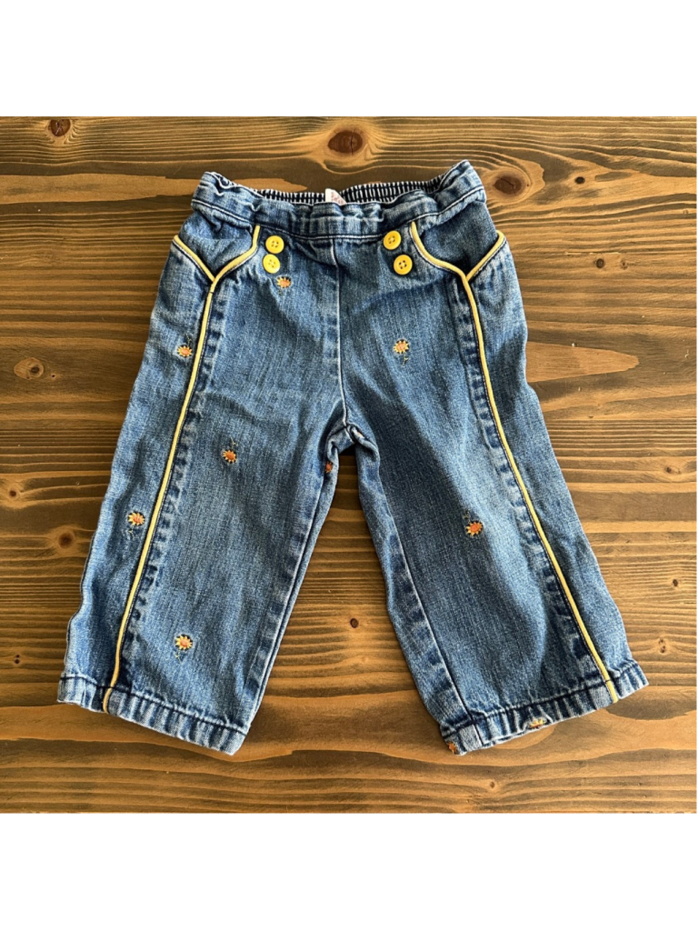 Gymboree Baby Jeans 12-18 Months Blue Floral Embroidered Yellow Trim